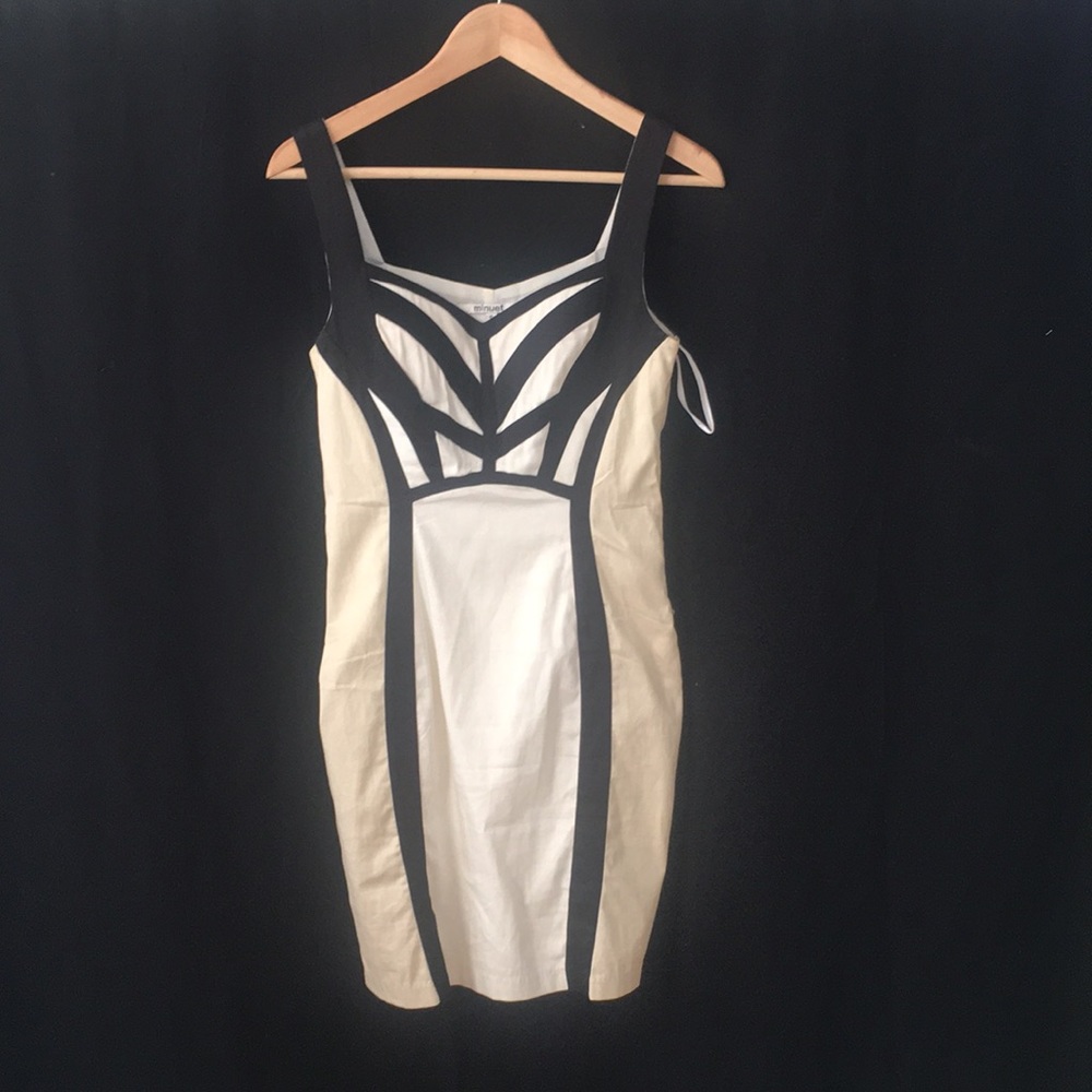 Black white & cream mini dress with striped detail